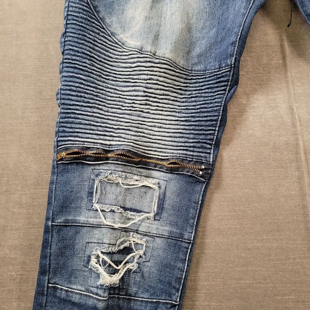 Encrypted Baggy Distressed Zipper Knees‎ Jeans Mens Blue Actual Size 44 x 33